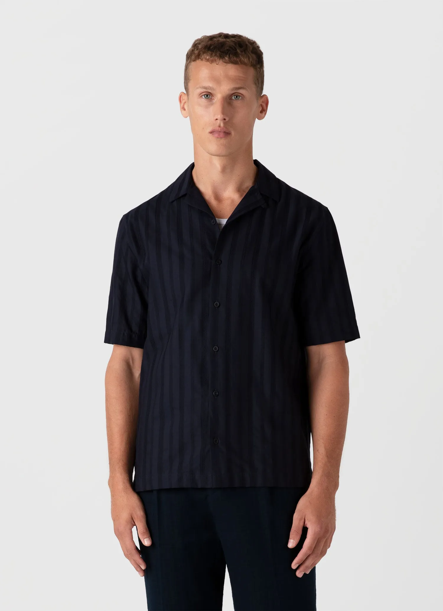 Men's Embroidered Stripe Camp Collar Shirt in Navy sold by Sunspel product image thumbnail 2