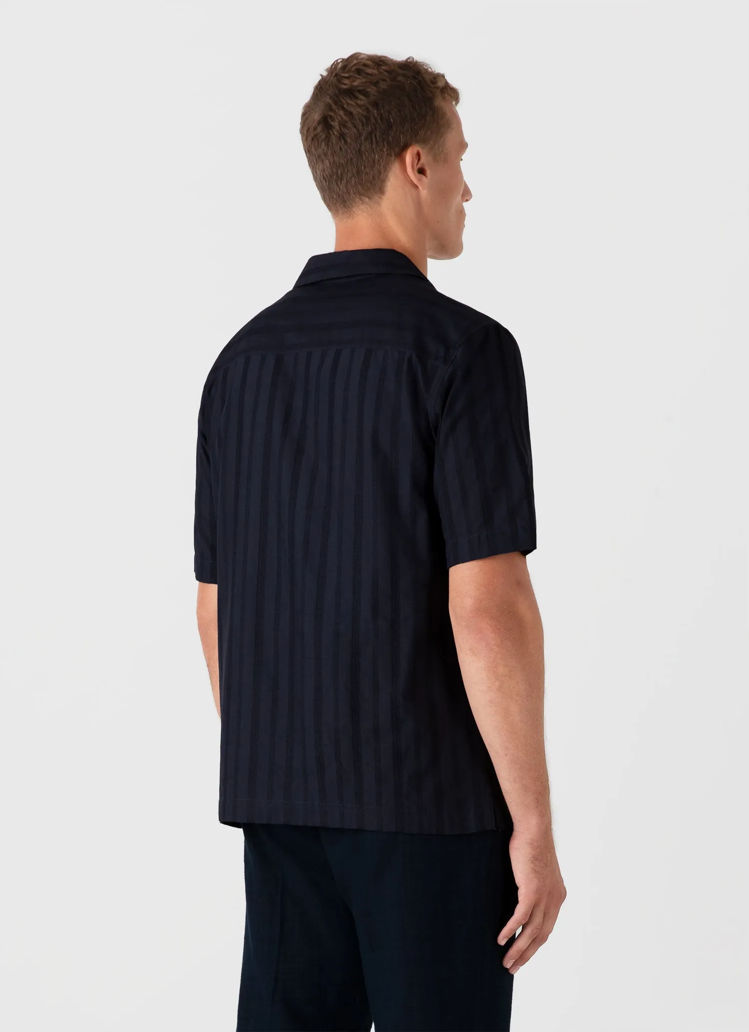 Men's Embroidered Stripe Camp Collar Shirt in Navy sold by Sunspel product image thumbnail 5