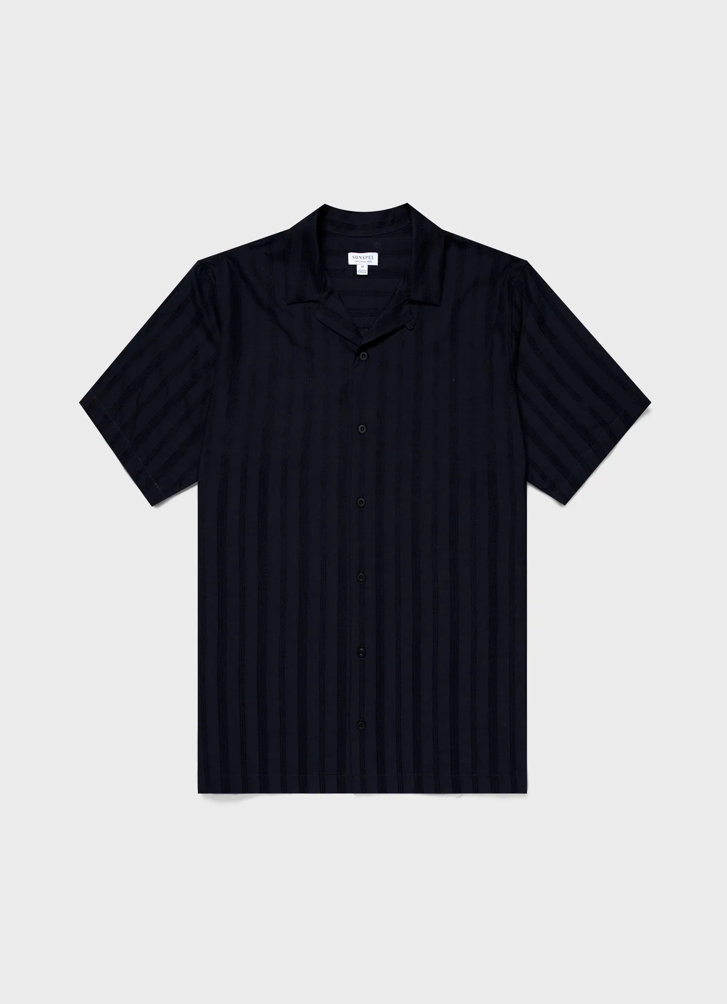 Men's Embroidered Stripe Camp Collar Shirt in Navy sold by Sunspel