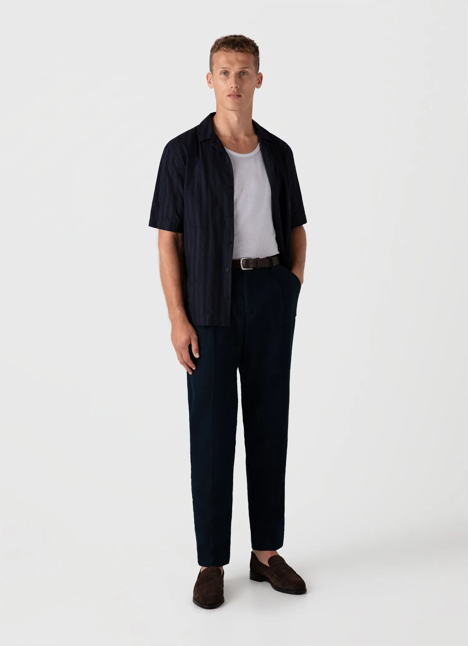 Men's Embroidered Stripe Camp Collar Shirt in Navy sold by Sunspel product image thumbnail 3