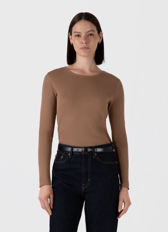 Women's Long Sleeve Ribbed T-shirt in Almond sold by Sunspel