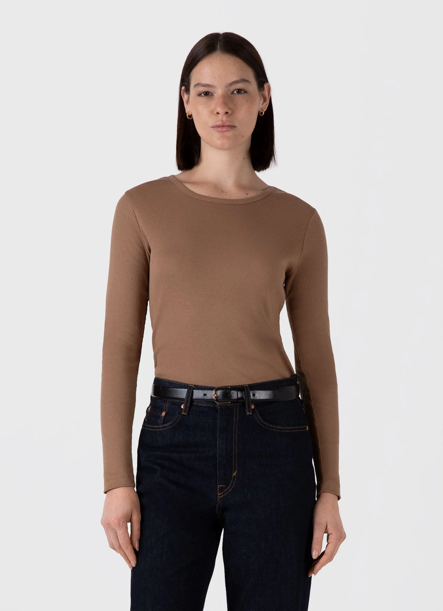 Women's Long Sleeve Ribbed T-shirt in Almond sold by Sunspel