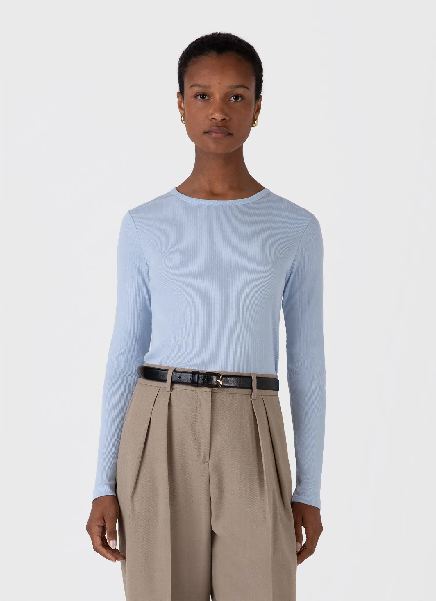 Women's Long Sleeve Ribbed T-shirt in Blue Mist sold by Sunspel