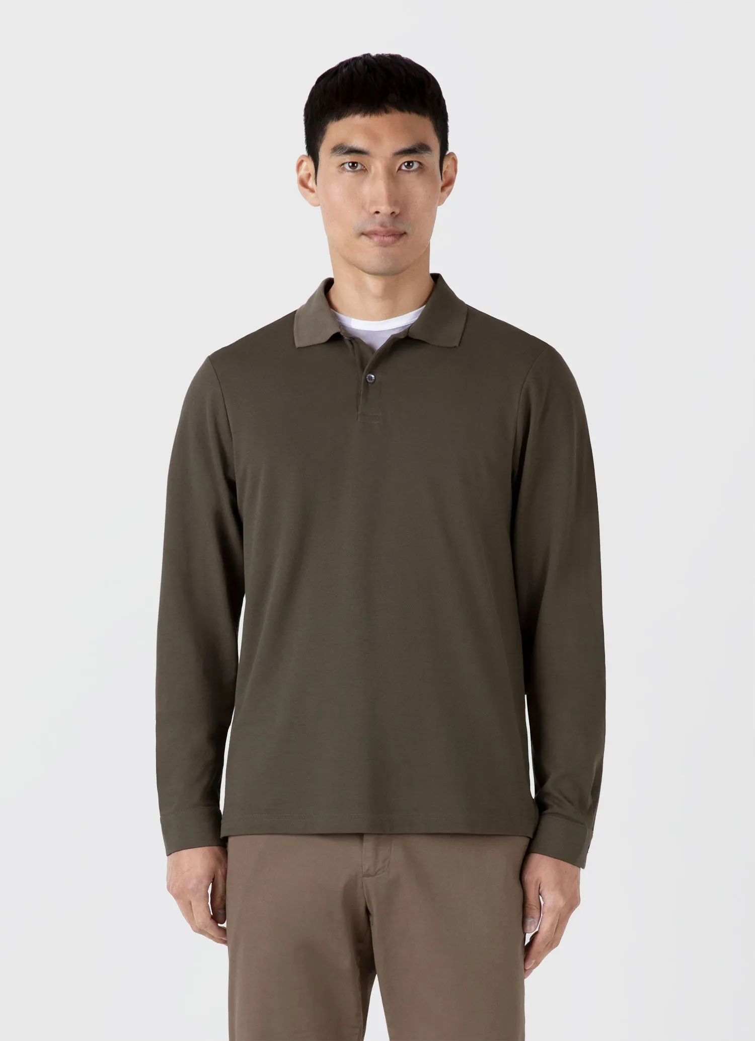 Men's Long Sleeve Piqué Polo Shirt in Khaki sold by Sunspel product image thumbnail 2