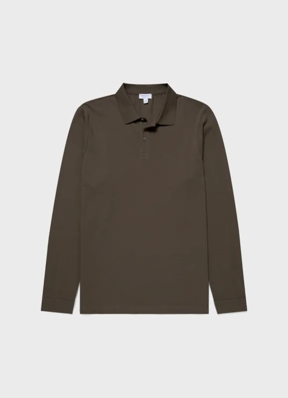Men's Long Sleeve Piqué Polo Shirt in Khaki sold by Sunspel