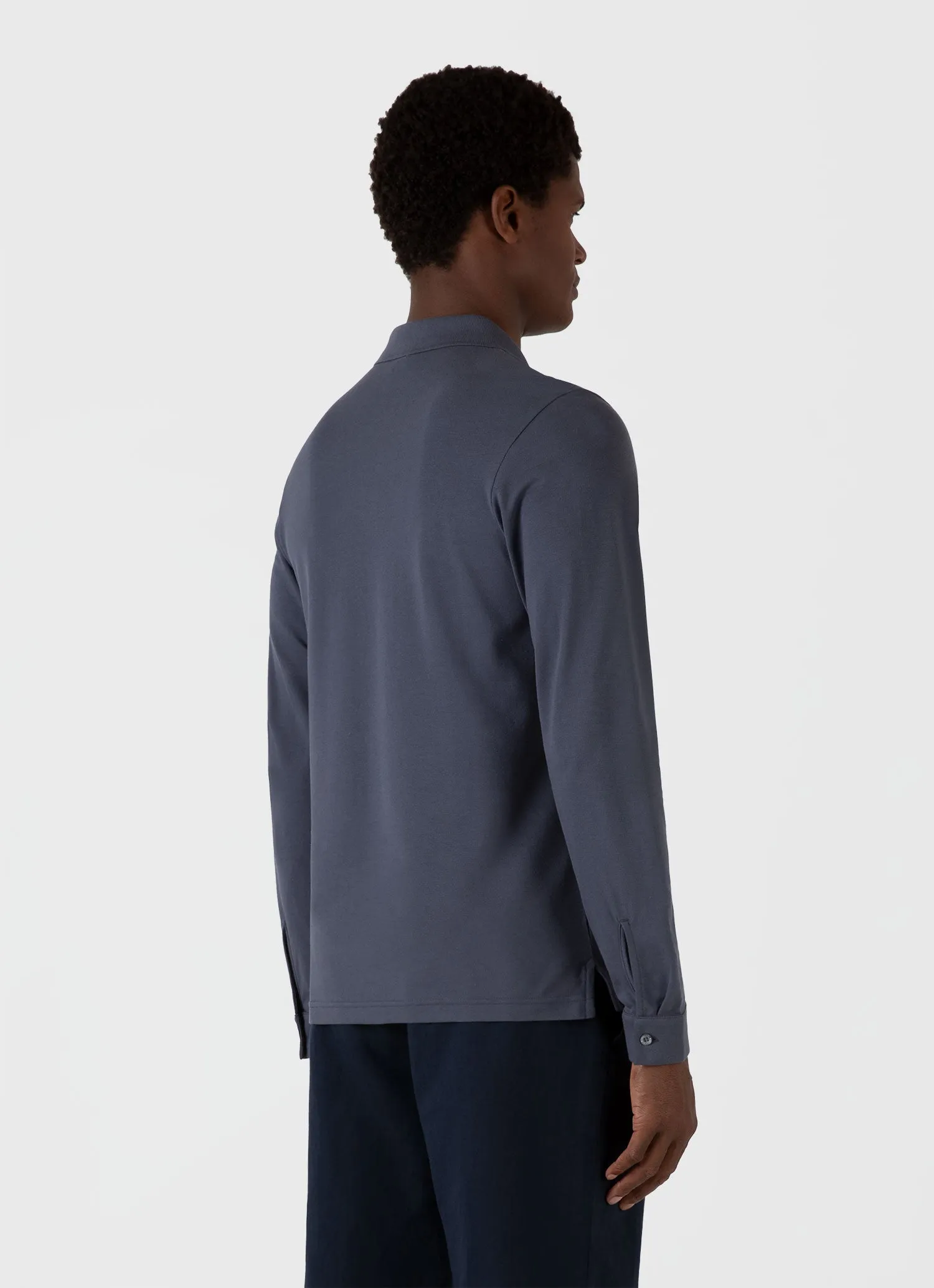 Men's Long Sleeve Piqué Polo Shirt in Slate Blue sold by Sunspel product image thumbnail 5