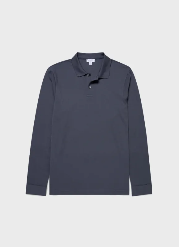 Men's Long Sleeve Piqué Polo Shirt in Slate Blue sold by Sunspel
