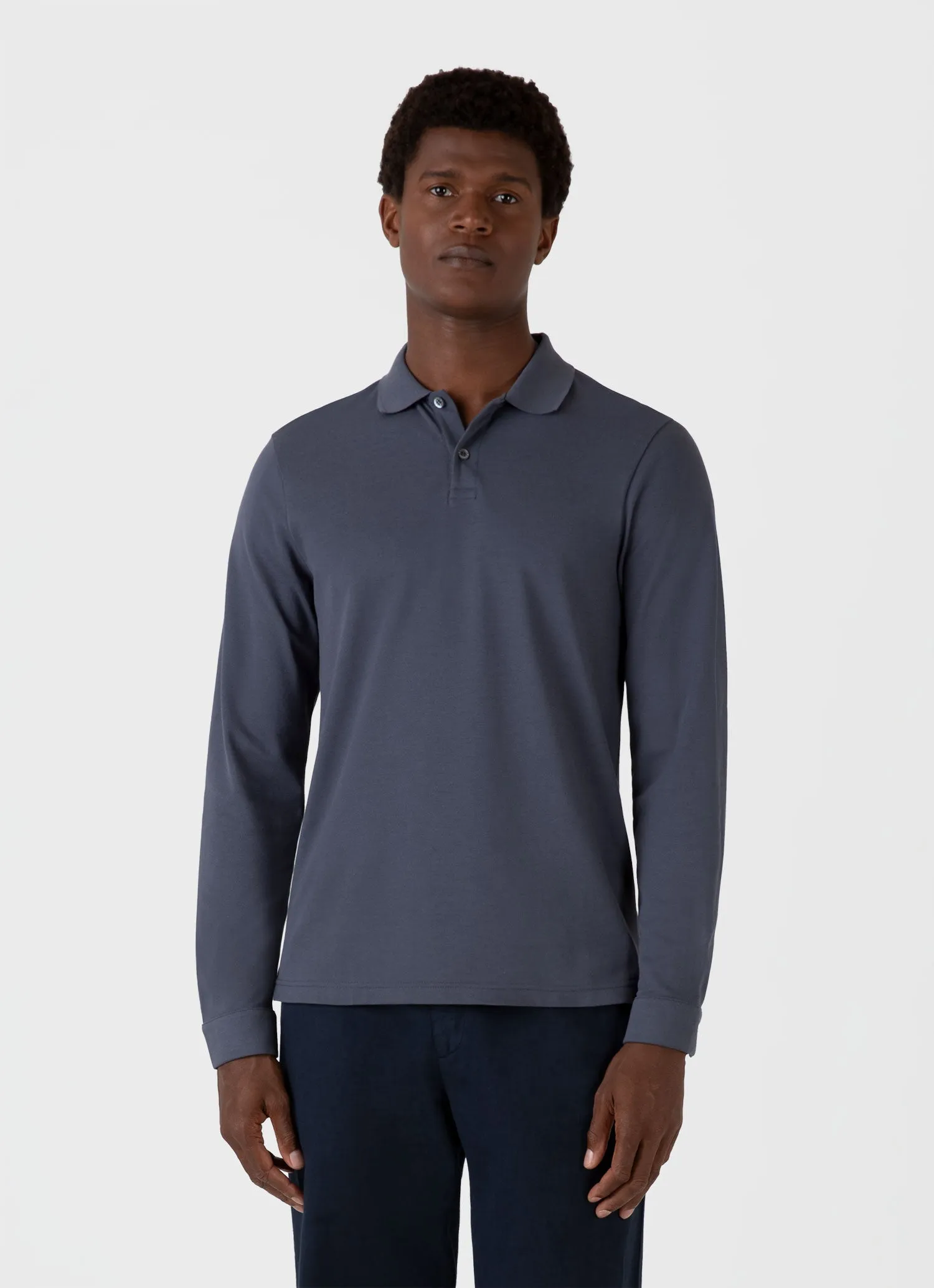 Men's Long Sleeve Piqué Polo Shirt in Slate Blue sold by Sunspel product image thumbnail 2