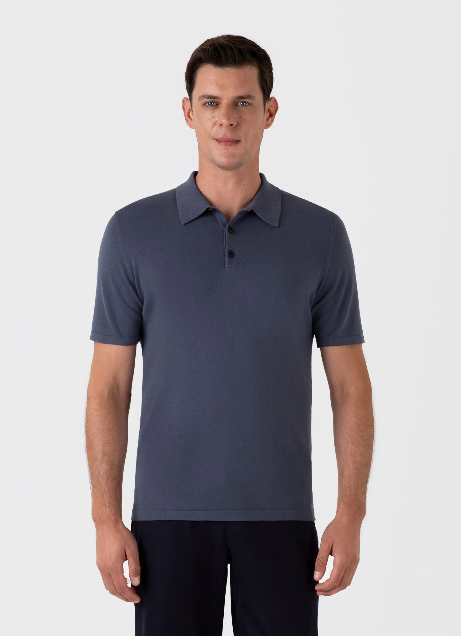 Men's Sea Island Cotton Knit Polo Shirt in Slate Blue sold by Sunspel product image thumbnail 2