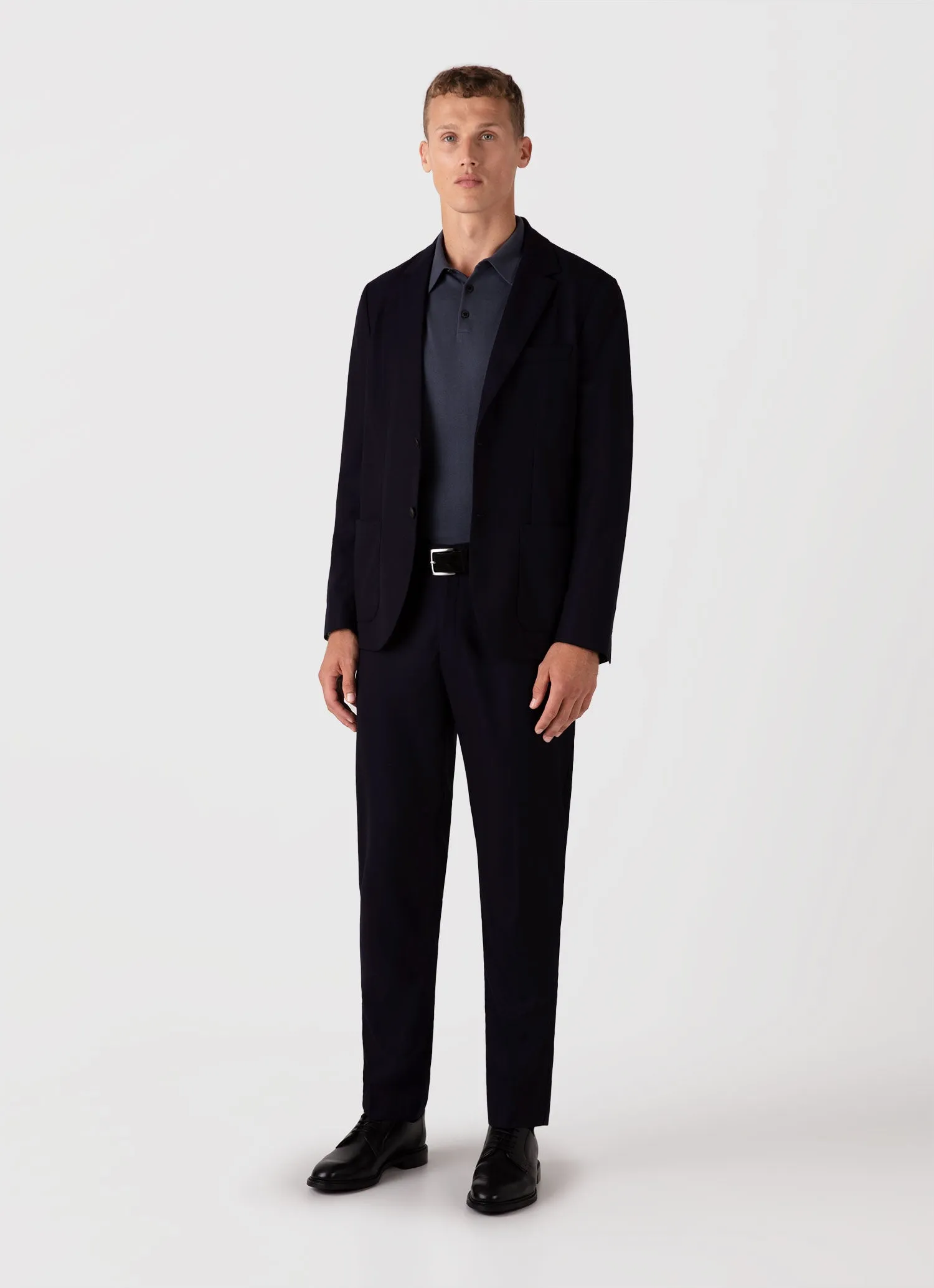 Men's Long Sleeve Sea Island Cotton Knit Polo Shirt in Slate Blue sold by Sunspel product image thumbnail 3