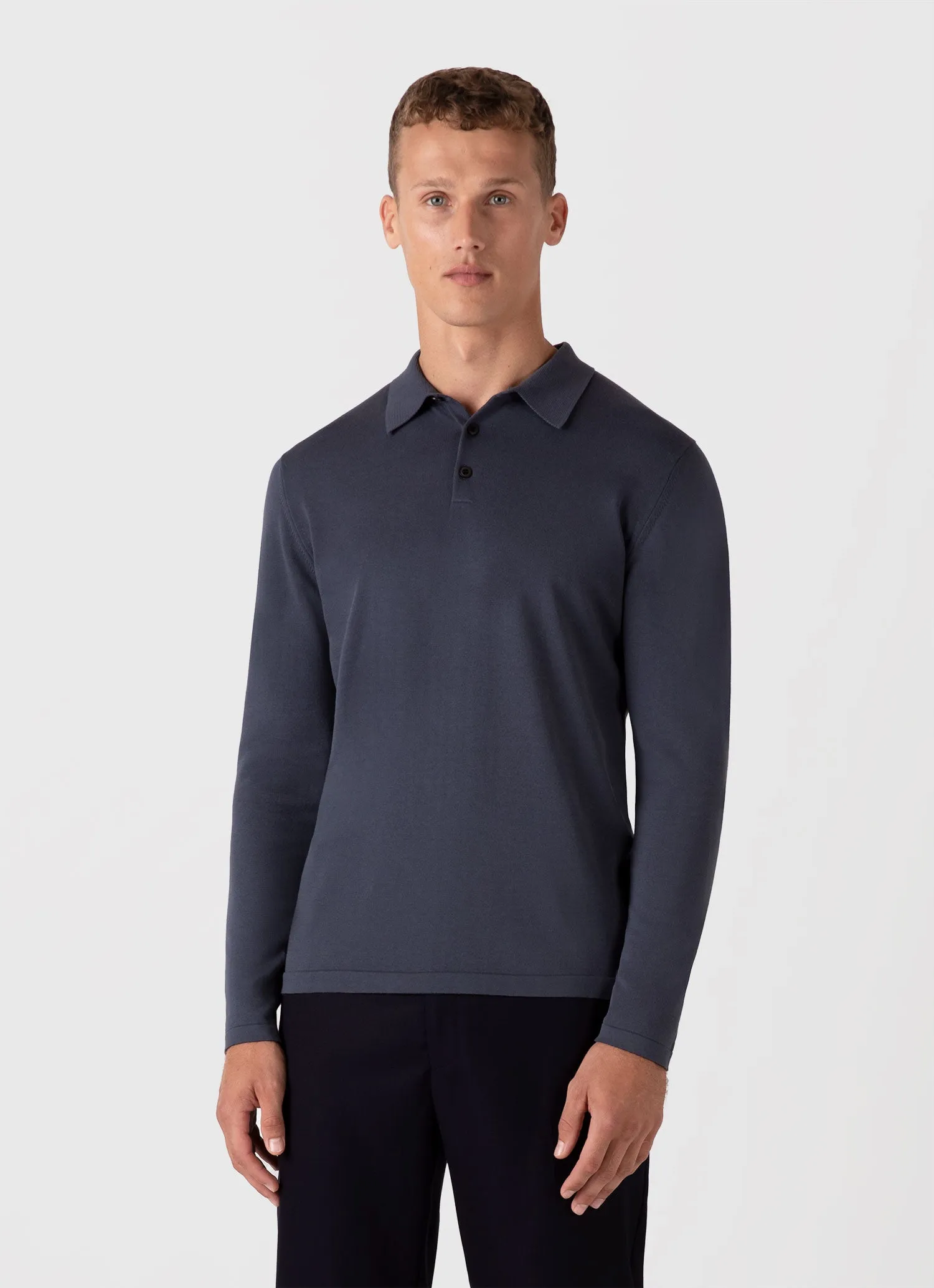 Men's Long Sleeve Sea Island Cotton Knit Polo Shirt in Slate Blue sold by Sunspel product image thumbnail 2
