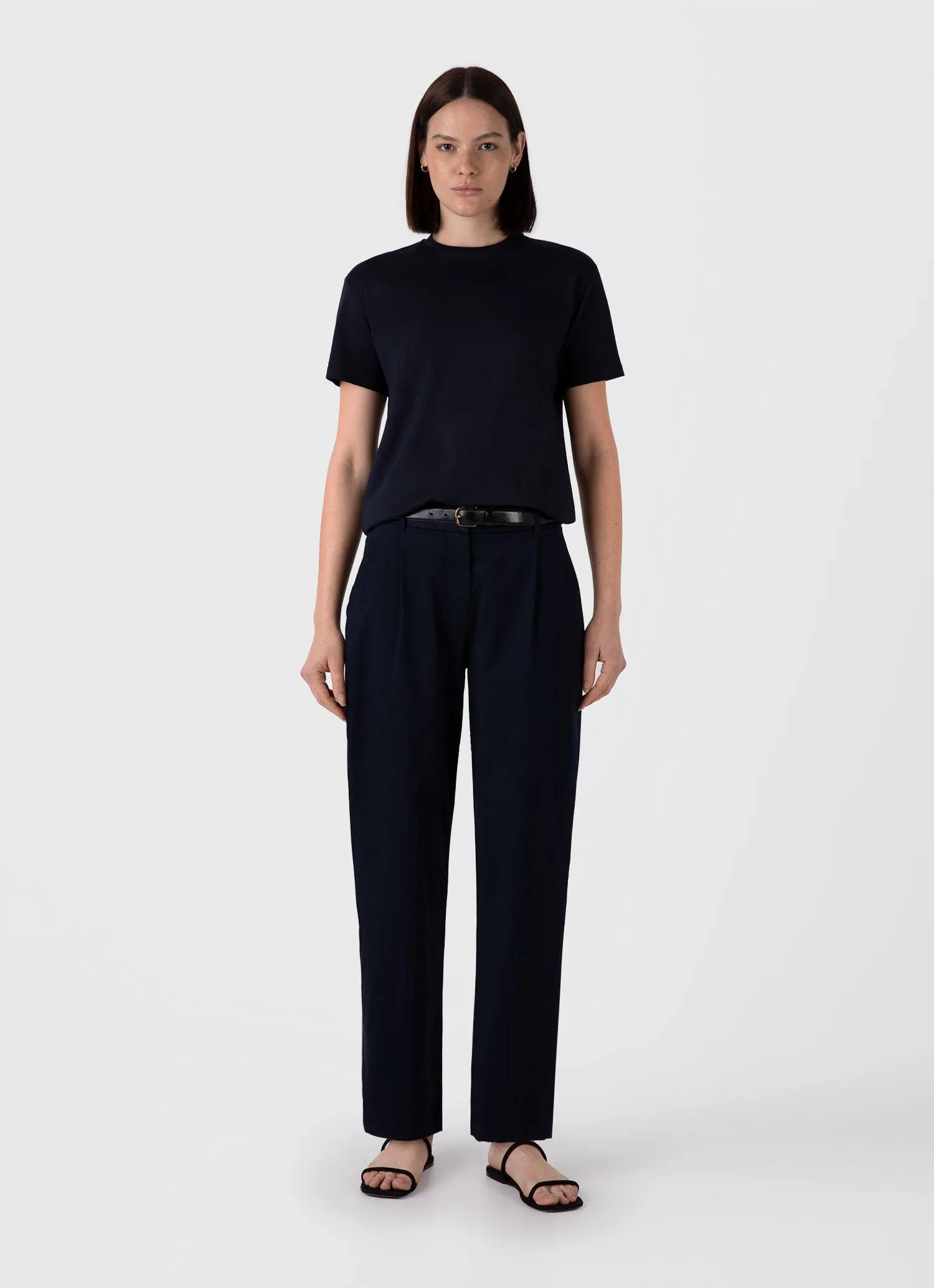 Women's Pleated Chino in Midnight Navy sold by Sunspel