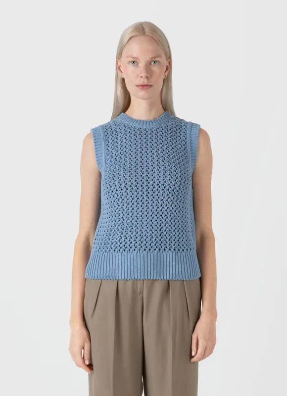 Women's Chunky Cotton Stitch Vest in Light Blue sold by Sunspel