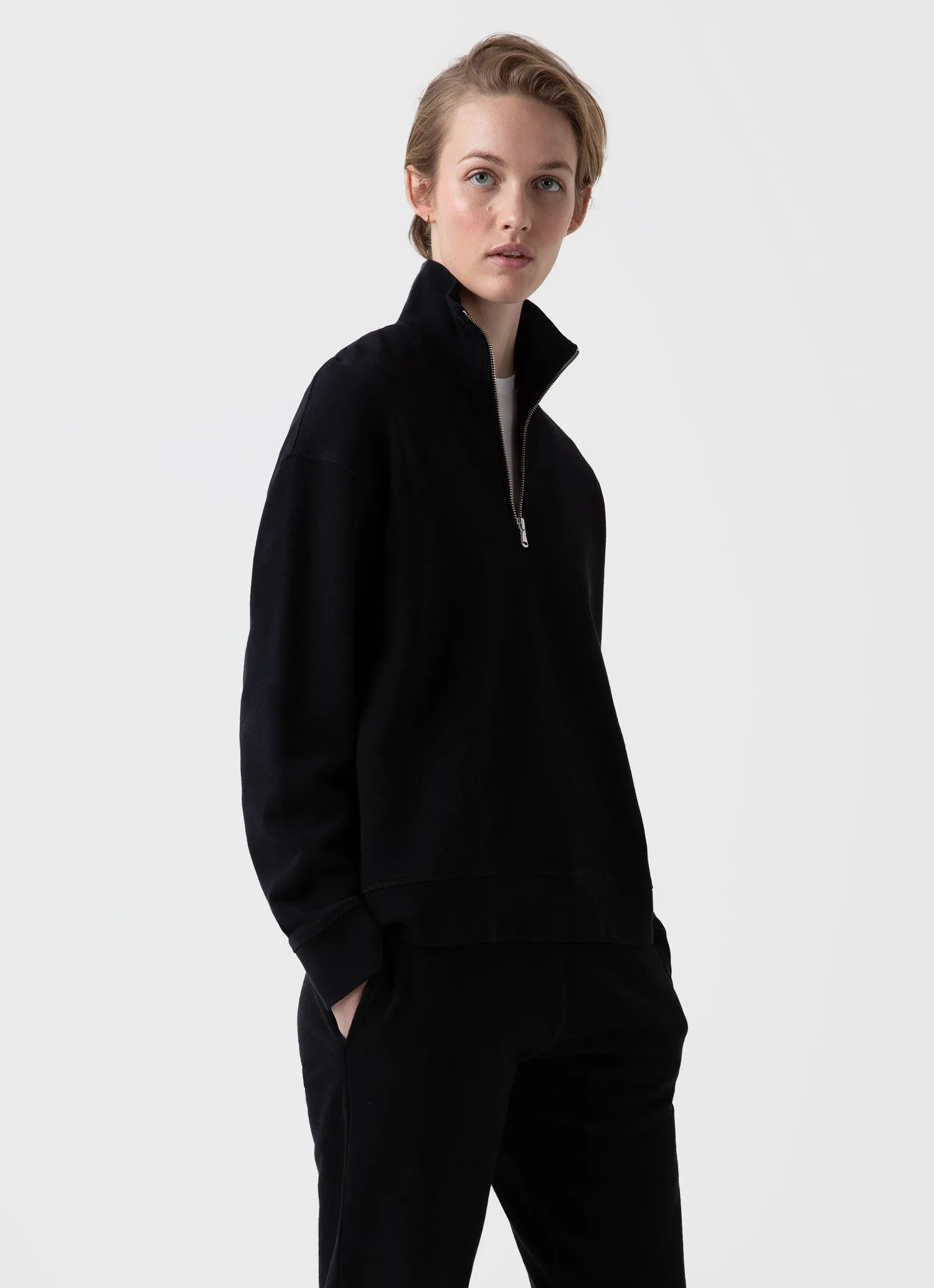 Women's Half Zip Loopback Sweatshirt in Black sold by Sunspel