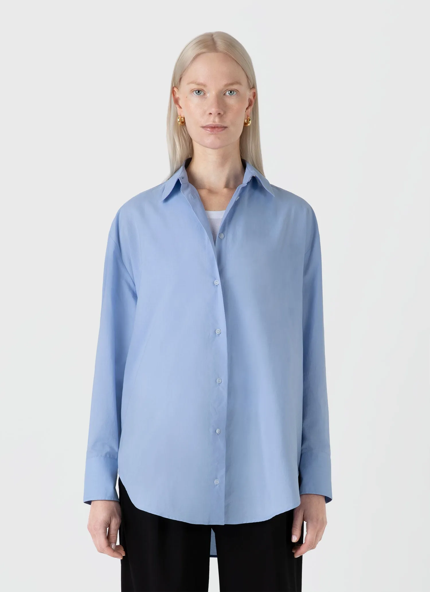 Women's Oversized Cotton Poplin Shirt in Mid Blue sold by Sunspel