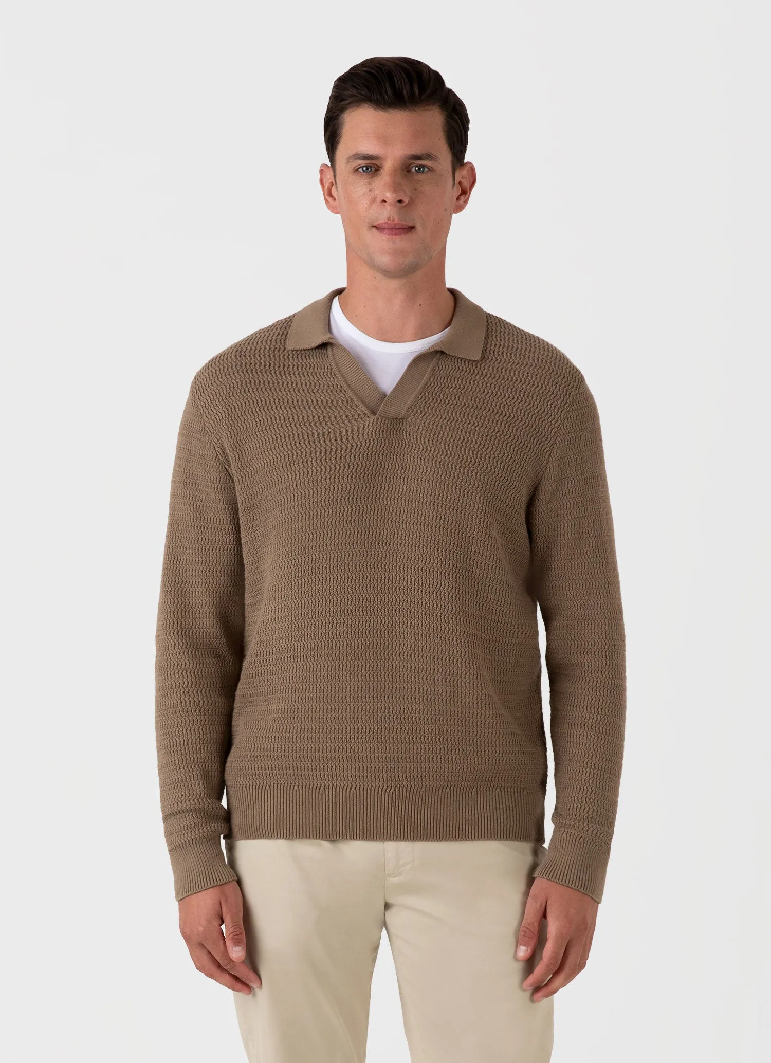 Men's Long Sleeve Textured Cotton Polo Shirt in Dark Stone sold by Sunspel product image thumbnail 2