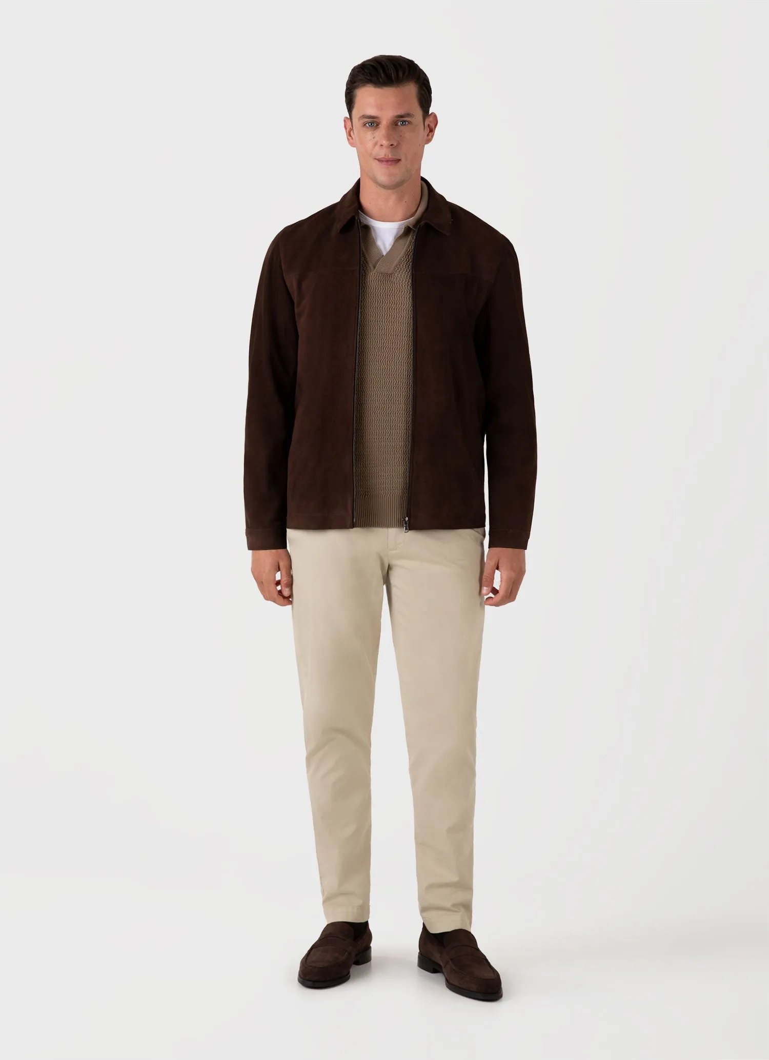 Men's Long Sleeve Textured Cotton Polo Shirt in Dark Stone sold by Sunspel product image thumbnail 3