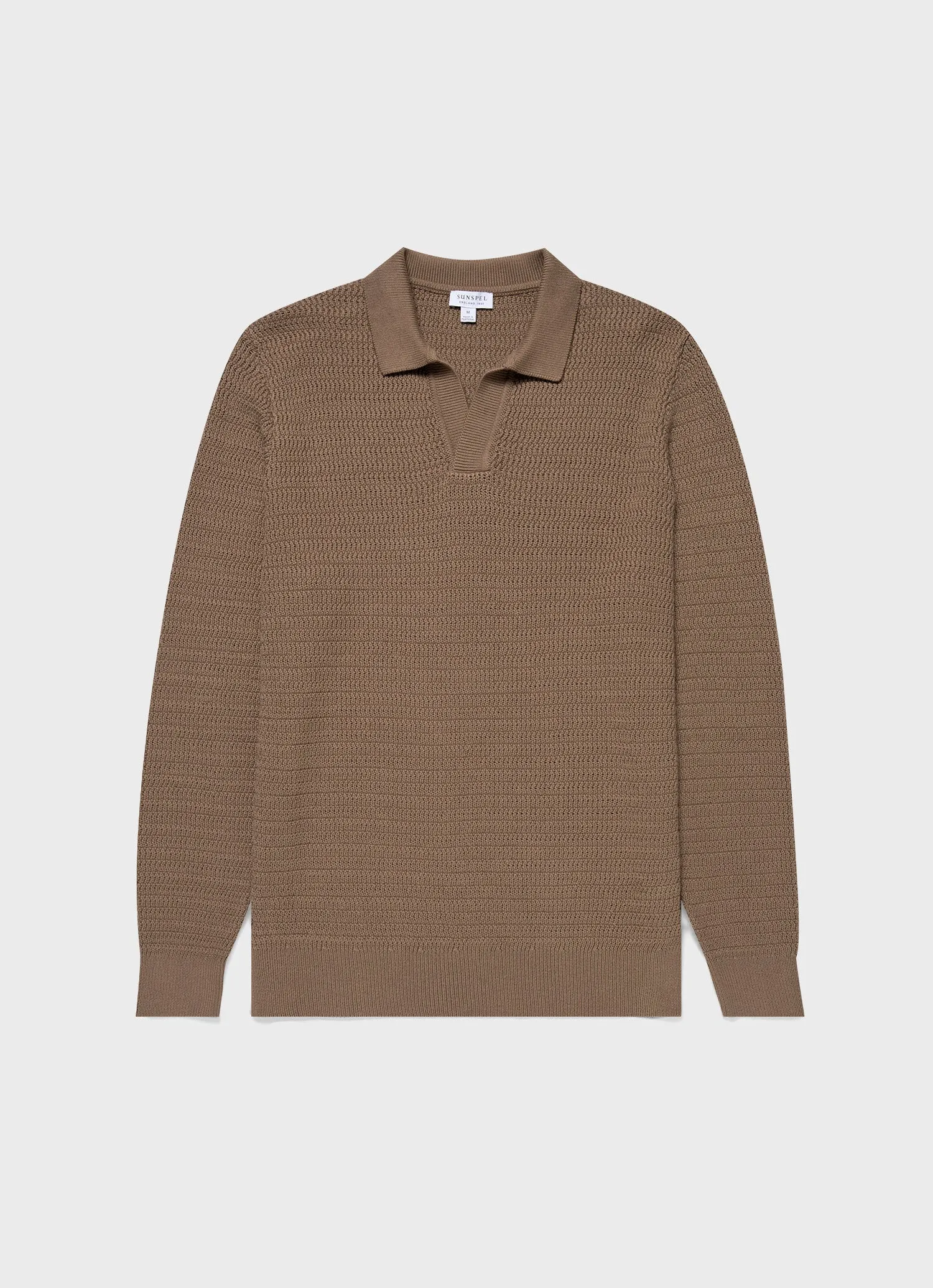 Men's Long Sleeve Textured Cotton Polo Shirt in Dark Stone sold by Sunspel