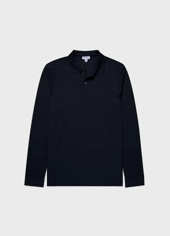 Men's Long Sleeve Waffle Polo Shirt in Navy sold by Sunspel