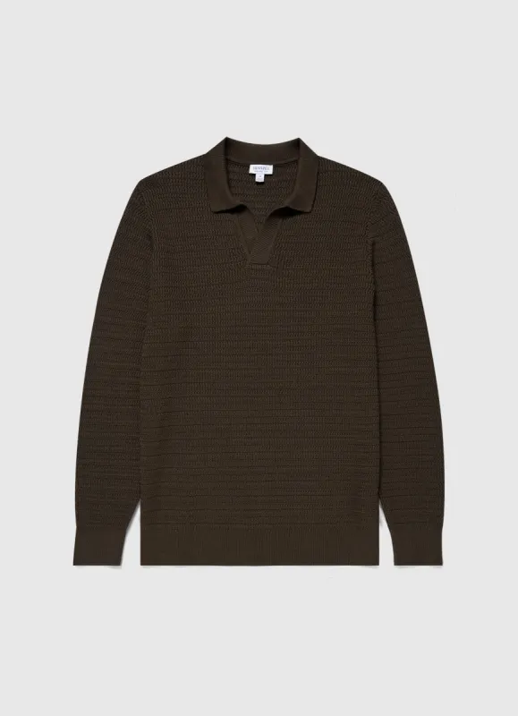 Men's Long Sleeve Textured Cotton Polo Shirt in Khaki sold by Sunspel