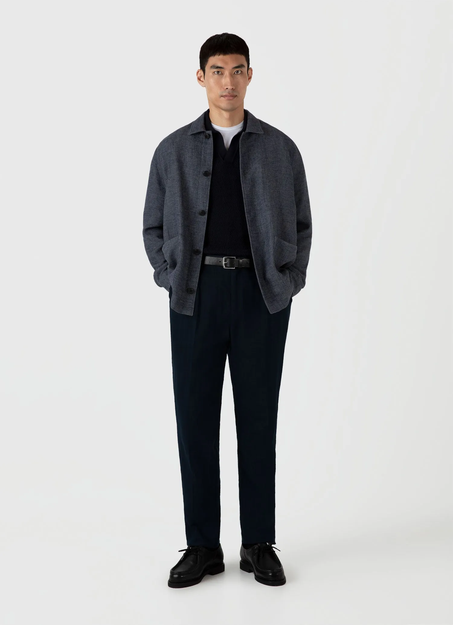 Men's Long Sleeve Textured Cotton Polo Shirt in Navy sold by Sunspel product image thumbnail 3