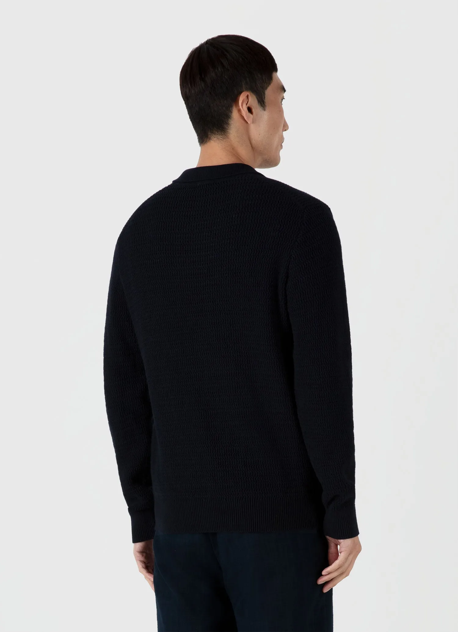 Men's Long Sleeve Textured Cotton Polo Shirt in Navy sold by Sunspel product image thumbnail 5