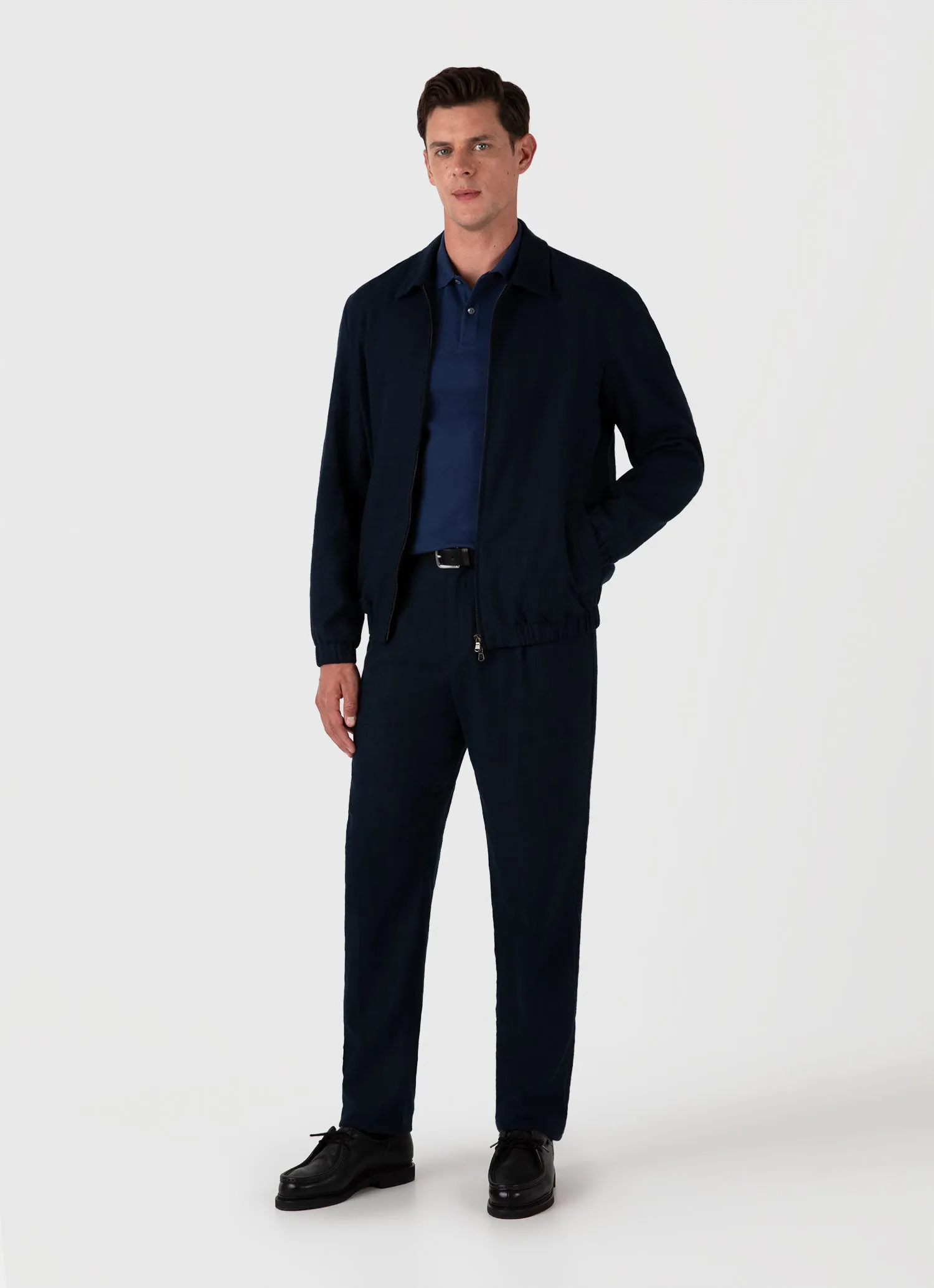 Men's Cotton Raffia Pleat Trouser in Navy sold by Sunspel product image thumbnail 2