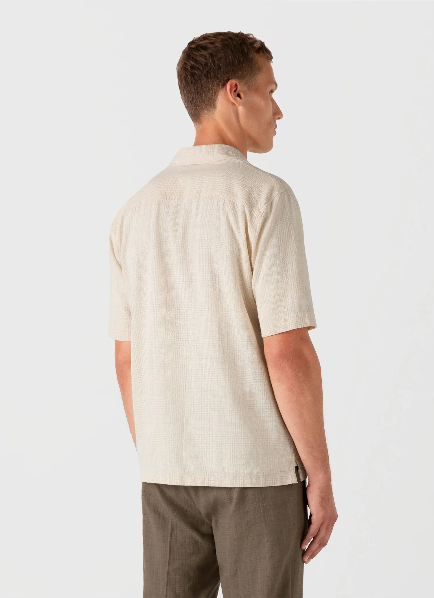 Men's Loose Weave Check Camp Collar Shirt in Ecru sold by Sunspel product image thumbnail 5
