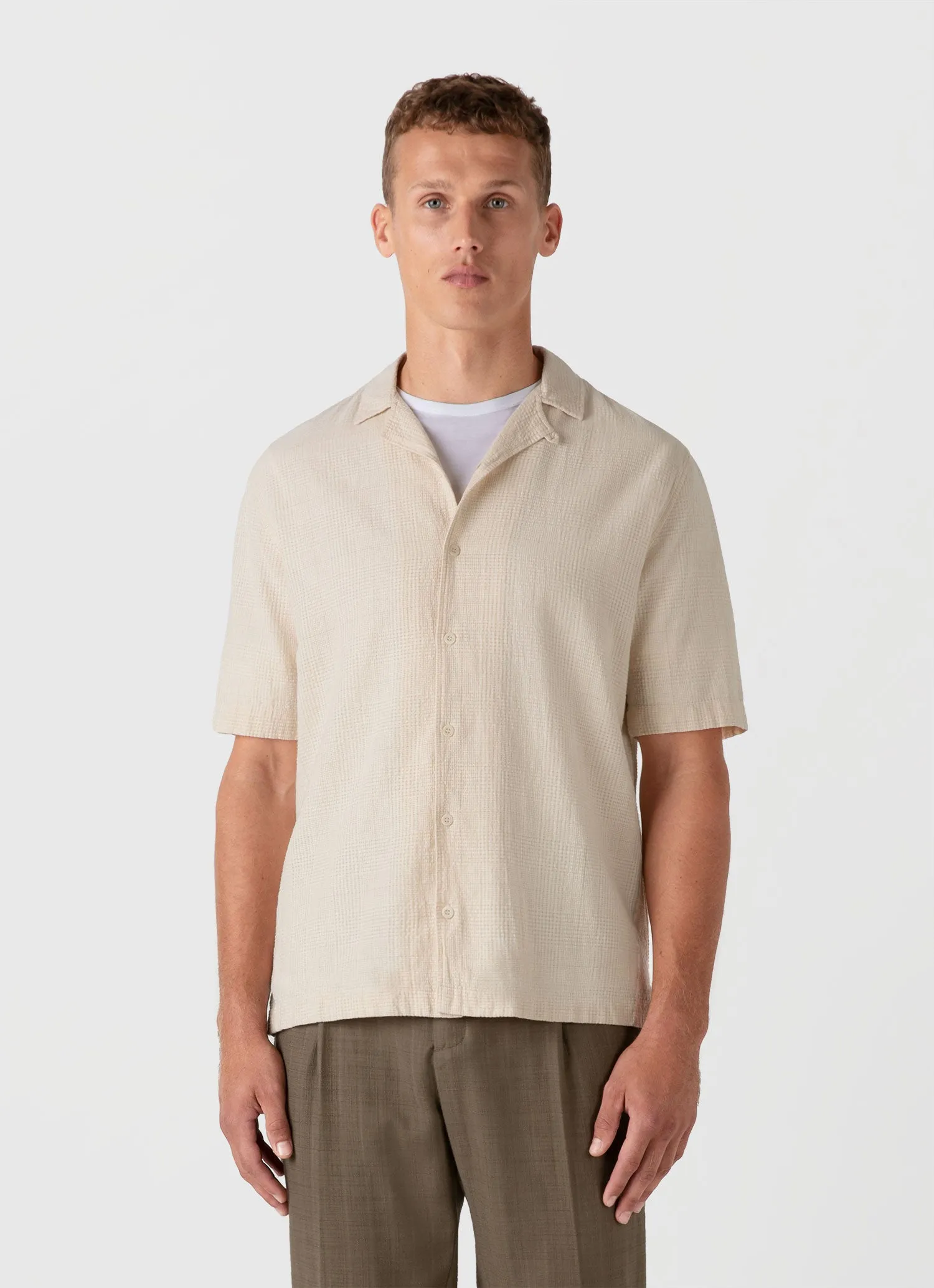 Men's Loose Weave Check Camp Collar Shirt in Ecru sold by Sunspel product image thumbnail 2