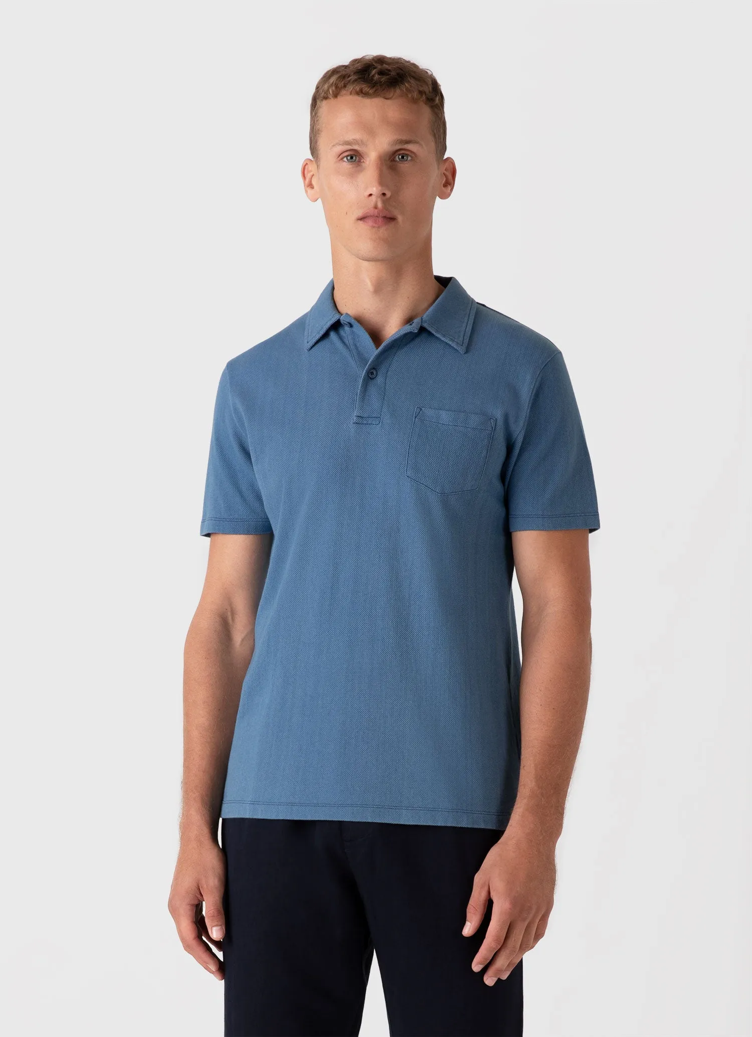 Men's Riviera Polo Shirt in Mid Indigo Wash sold by Sunspel product image thumbnail 2