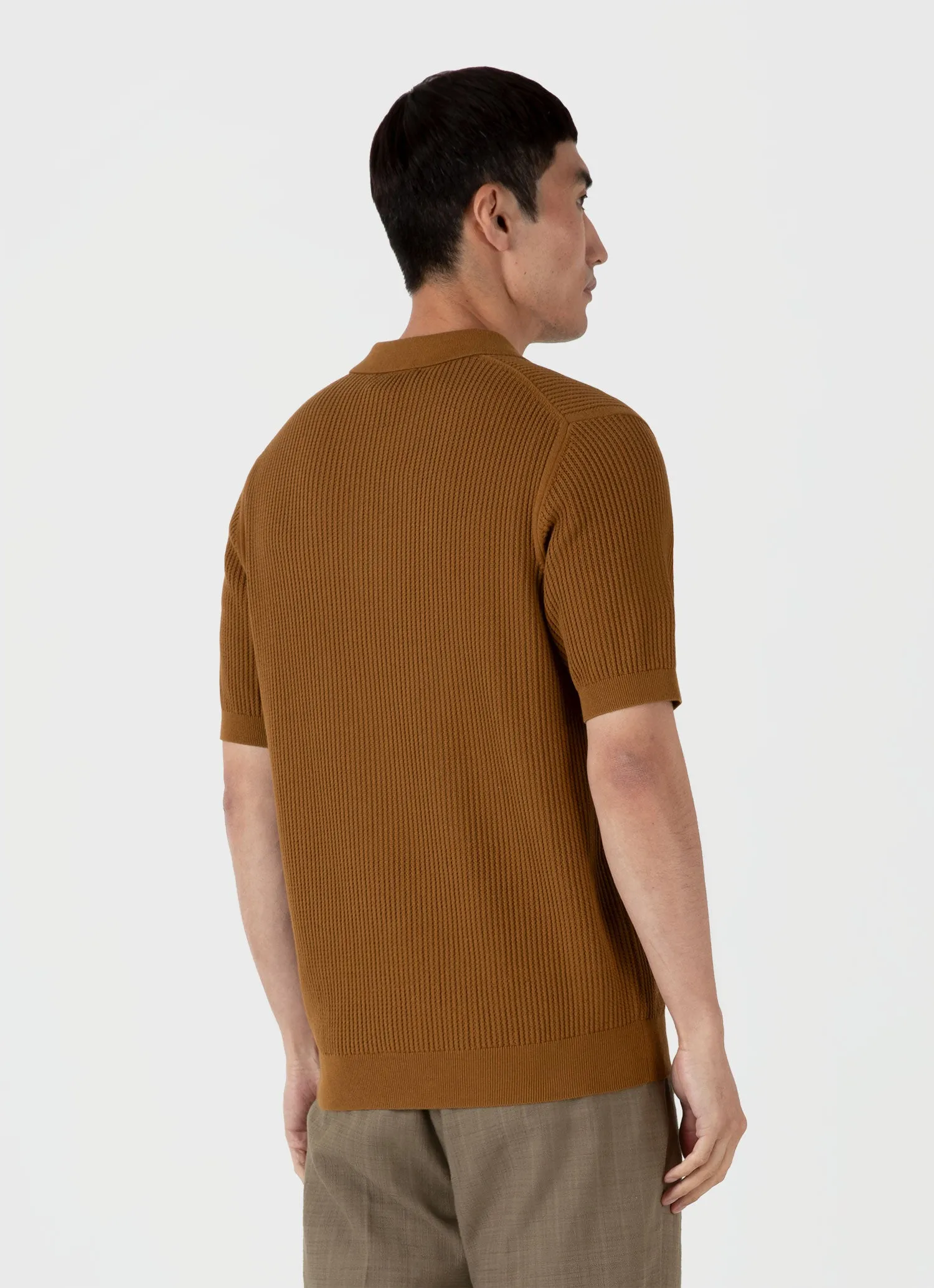Men's Linear Mesh Knit Polo Shirt in Golden Brown sold by Sunspel product image thumbnail 5