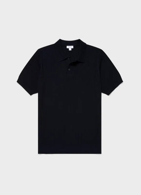 Men's Linear Mesh Knit Polo Shirt in Navy sold by Sunspel