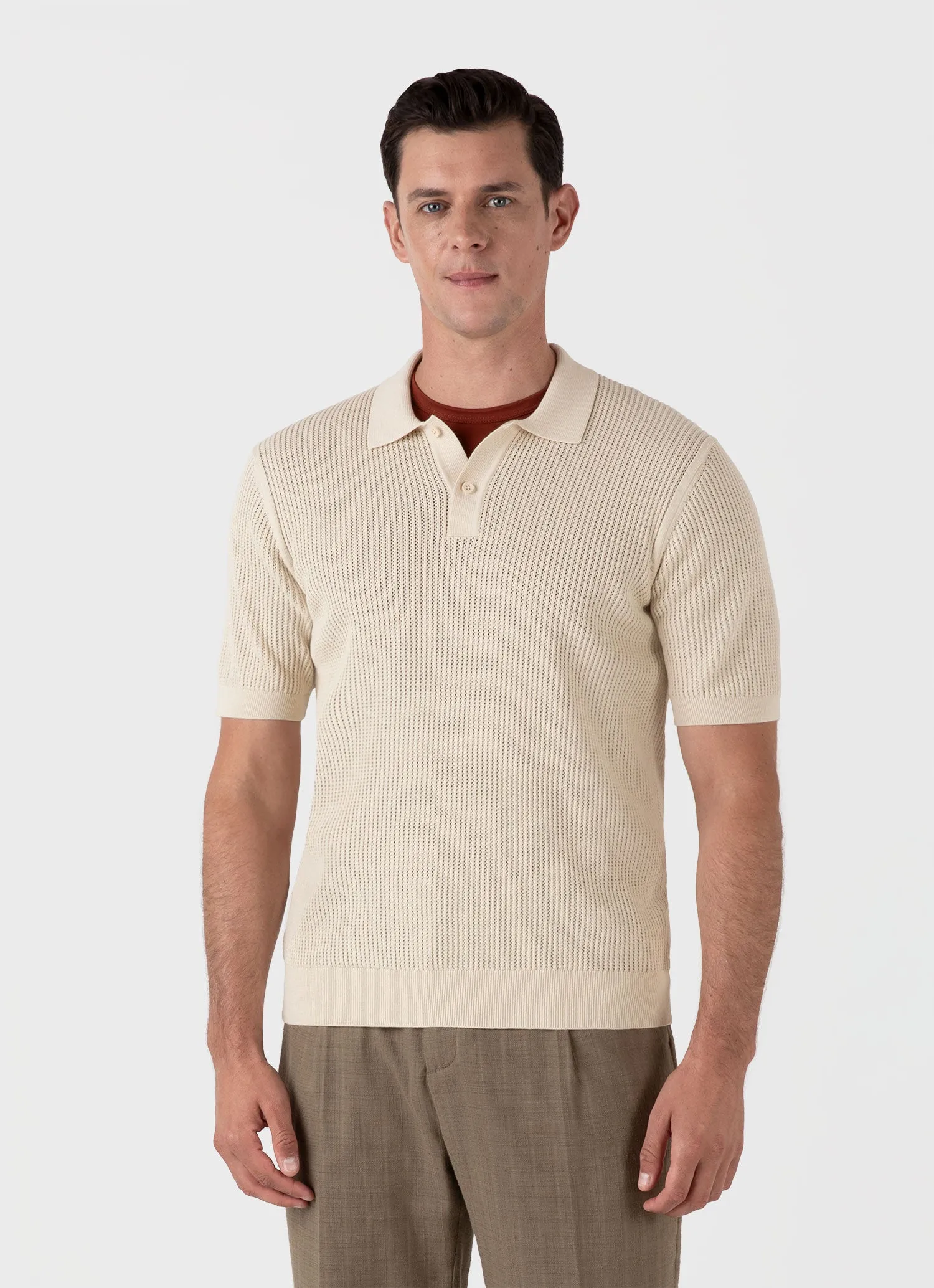 Men's Linear Mesh Knit Polo Shirt in Ecru sold by Sunspel product image thumbnail 2