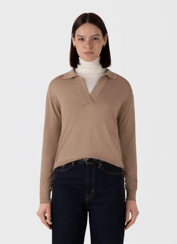 Women's Mulberry Silk Polo in Oat sold by Sunspel