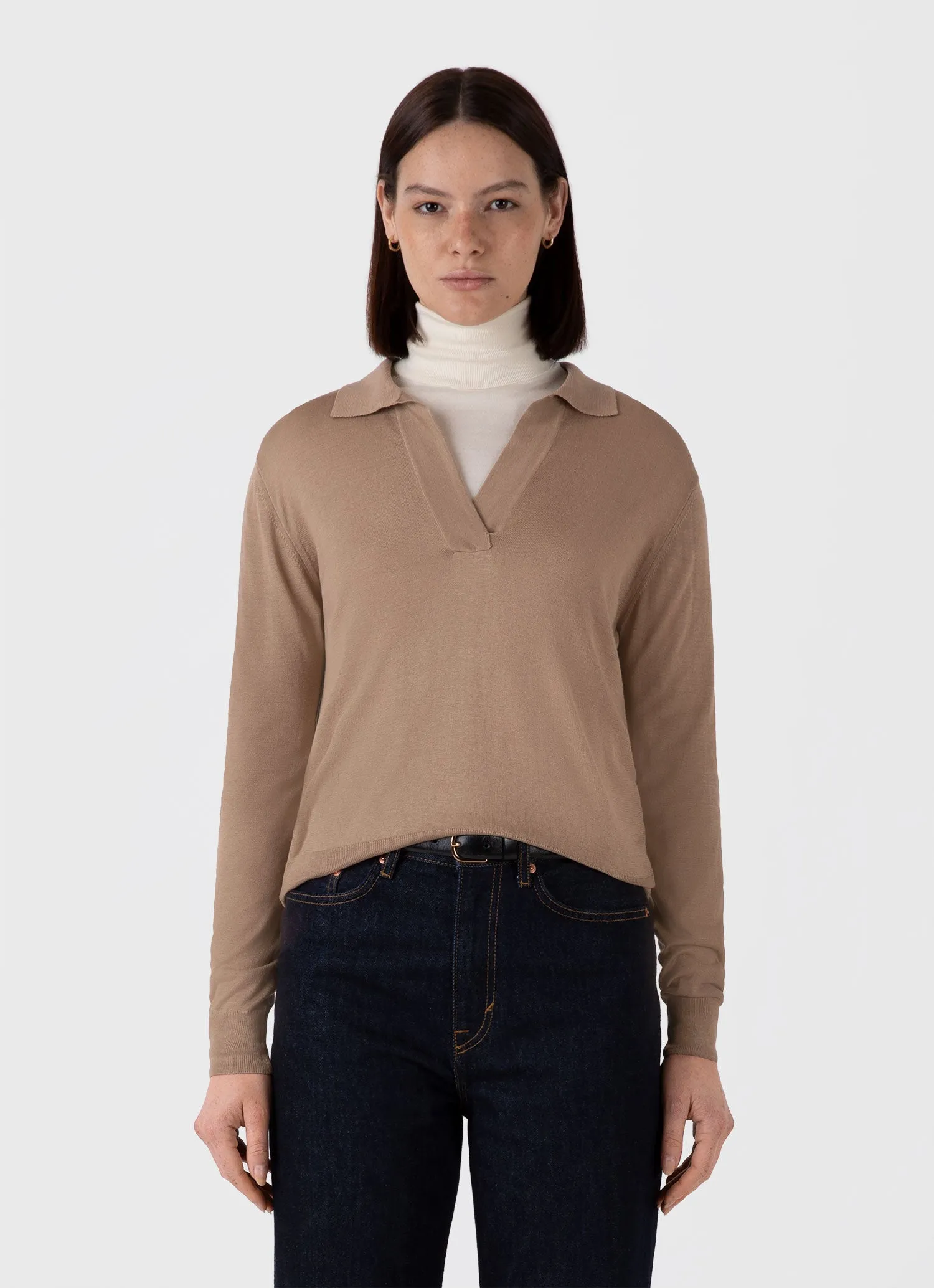 Women's Mulberry Silk Polo in Oat sold by Sunspel