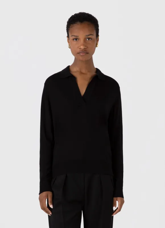 Women's Mulberry Silk Polo in Black sold by Sunspel