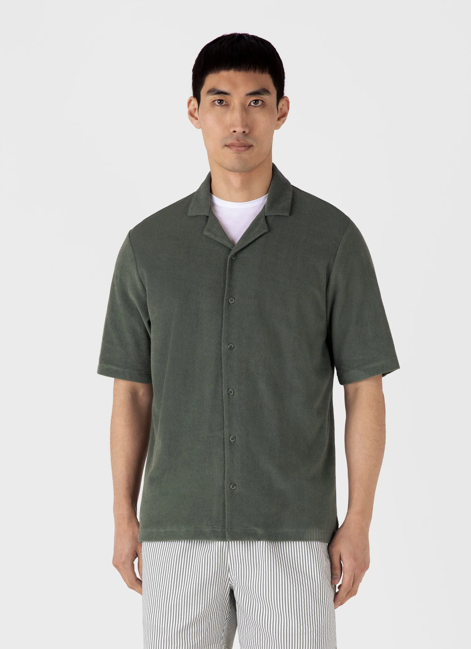 Men's Towelling Camp Collar Shirt in Dusk Green sold by Sunspel product image thumbnail 2