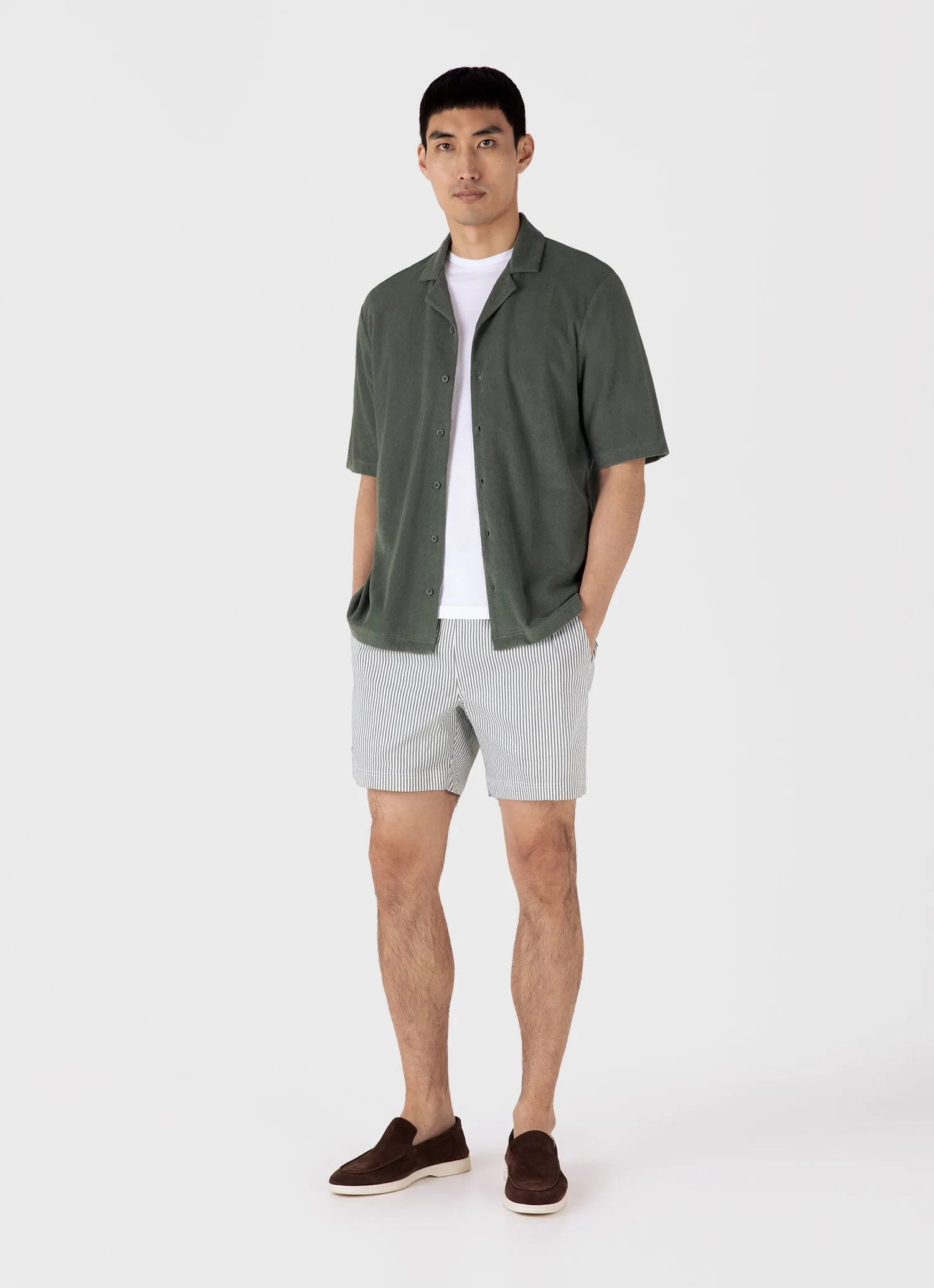 Men's Towelling Camp Collar Shirt in Dusk Green sold by Sunspel product image thumbnail 3