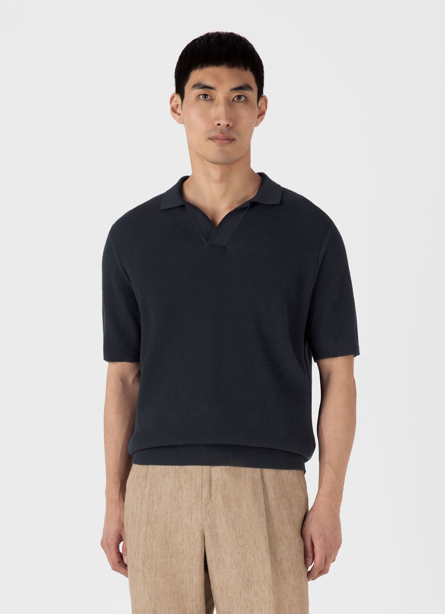 Men's Compact Mesh Knit Polo Shirt in Navy sold by Sunspel product image thumbnail 2