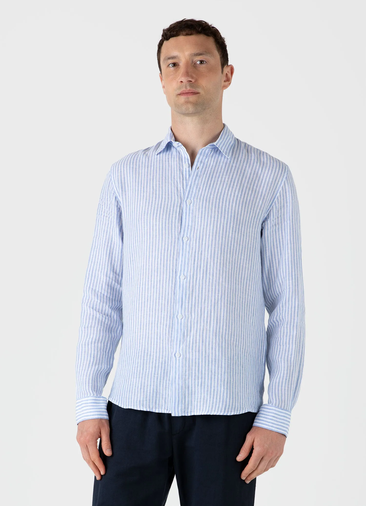 Men's Linen Shirt in Mid Blue/White sold by Sunspel product image thumbnail 2