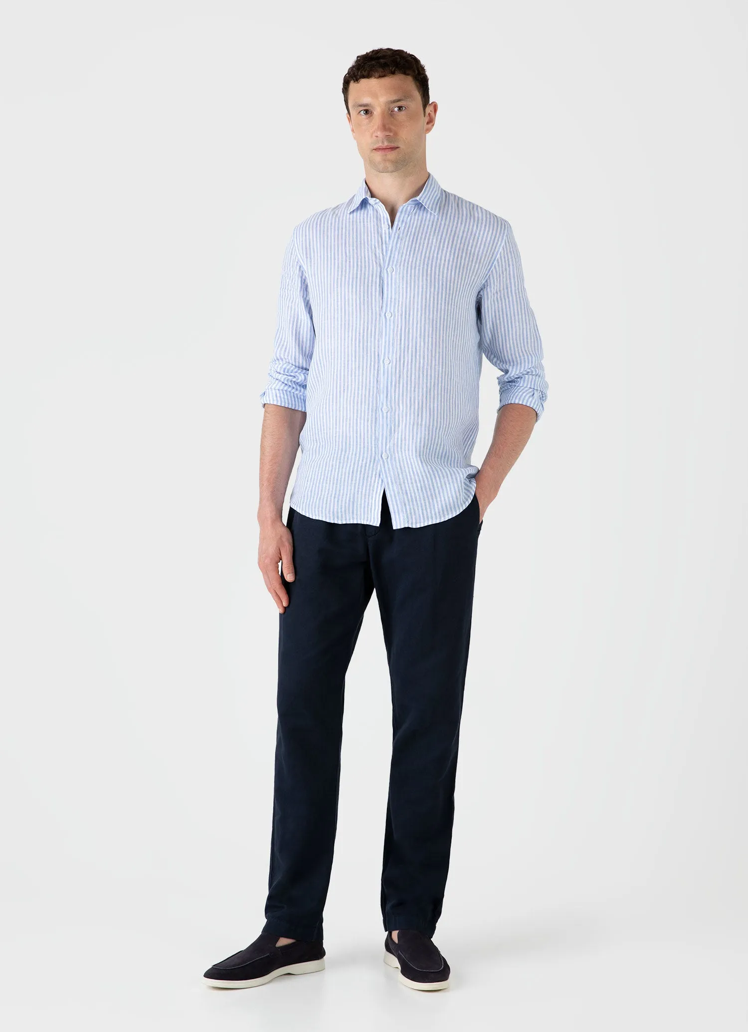 Men's Linen Shirt in Mid Blue/White sold by Sunspel product image thumbnail 3