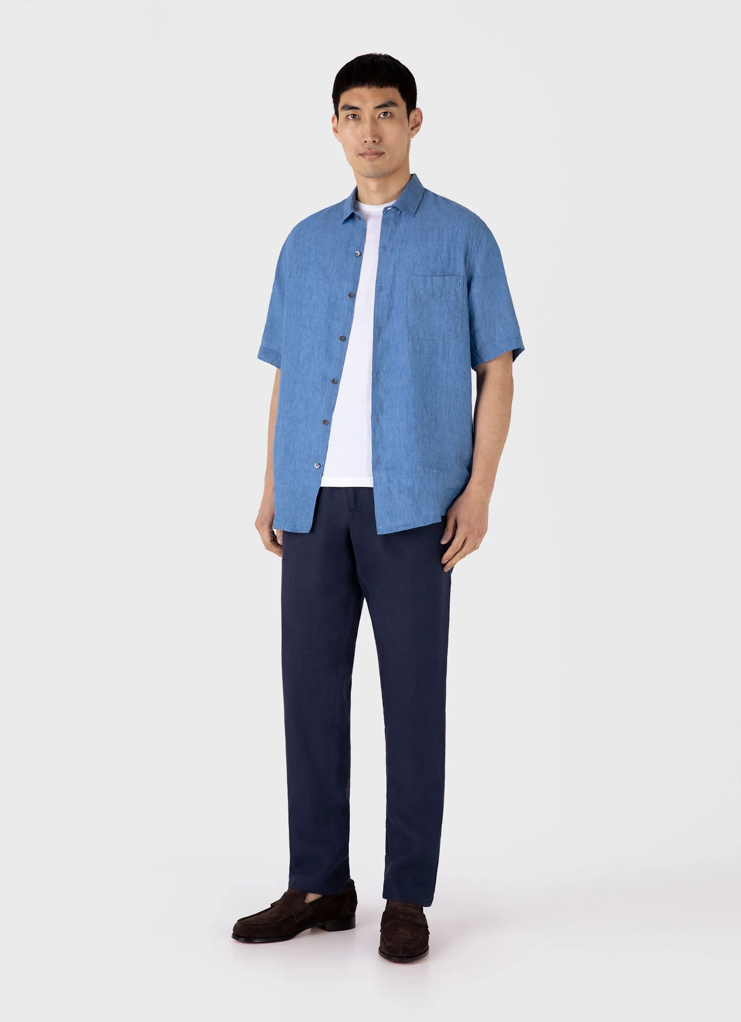 Men's Short Sleeve Linen Shirt in Cool Blue sold by Sunspel product image thumbnail 3