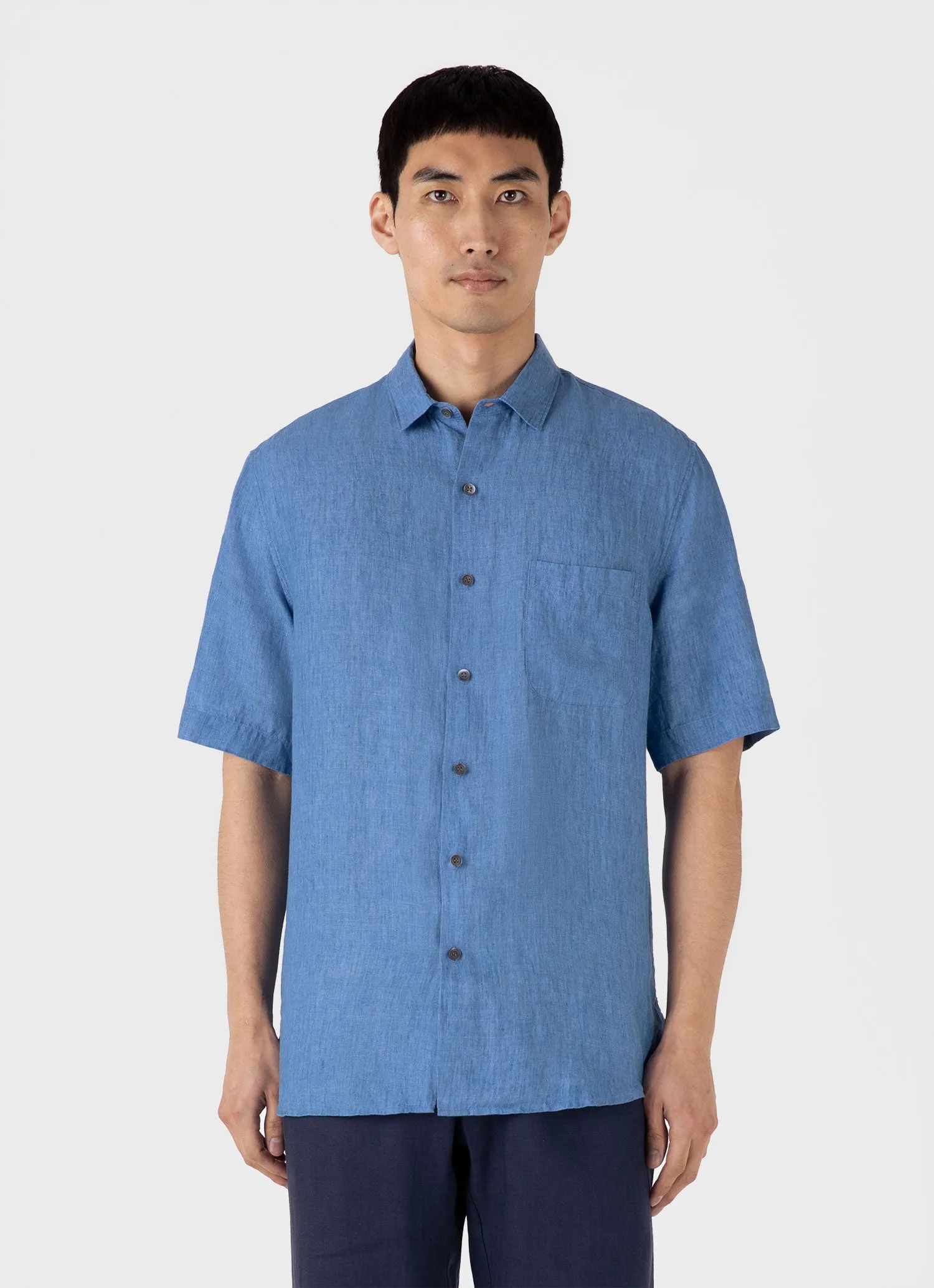 Men's Short Sleeve Linen Shirt in Cool Blue sold by Sunspel product image thumbnail 2