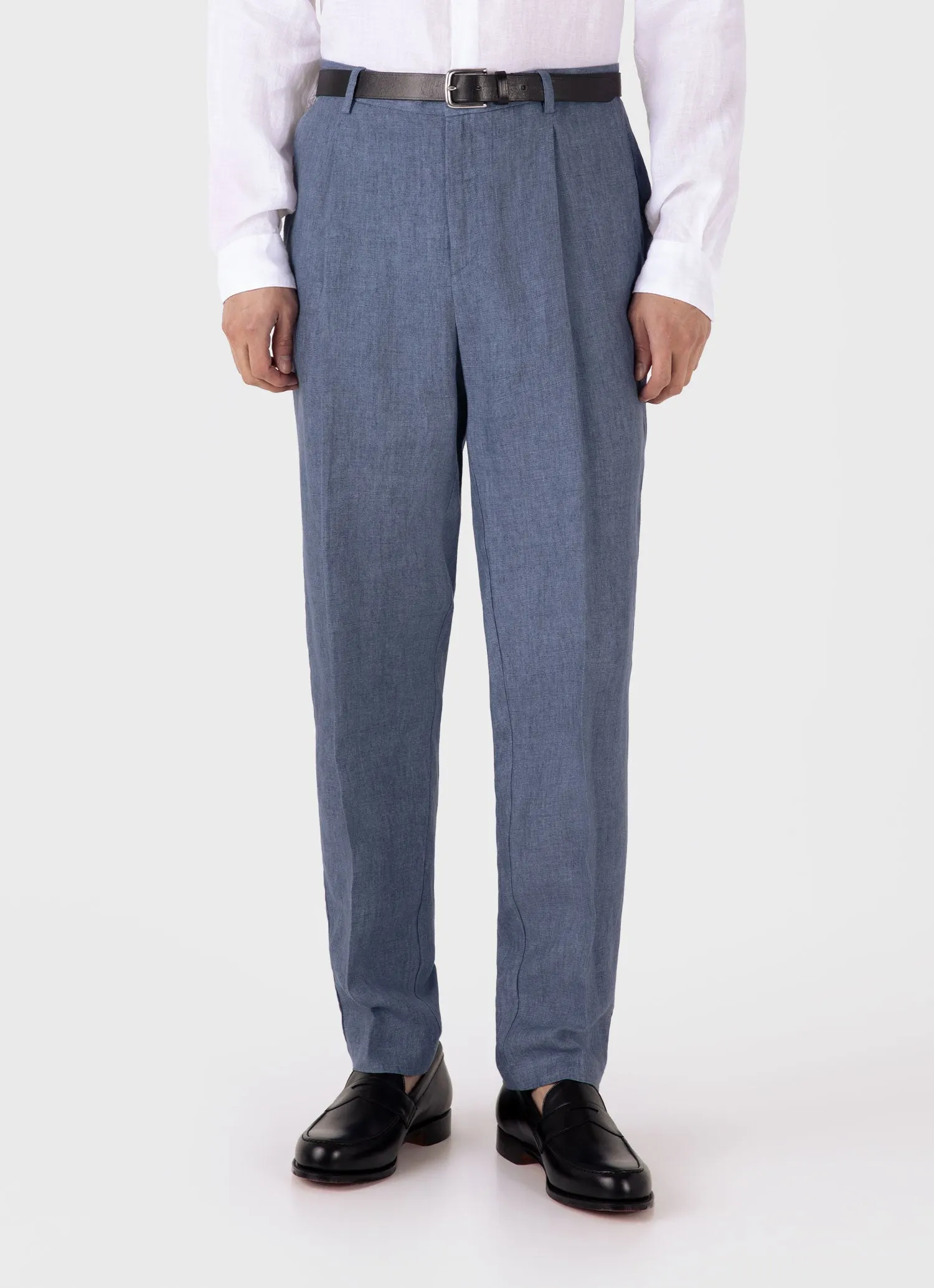 Men's Pleated Linen Trouser in Soft Denim Melange sold by Sunspel product image thumbnail 2