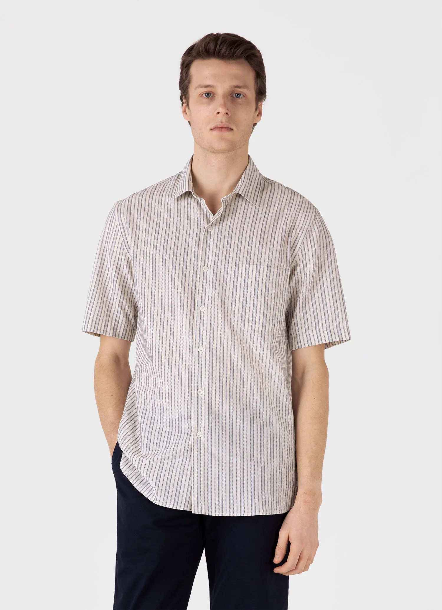 Men's Short Sleeve Vintage Stripe Shirt in Soft Denim/Ecru sold by Sunspel product image thumbnail 2