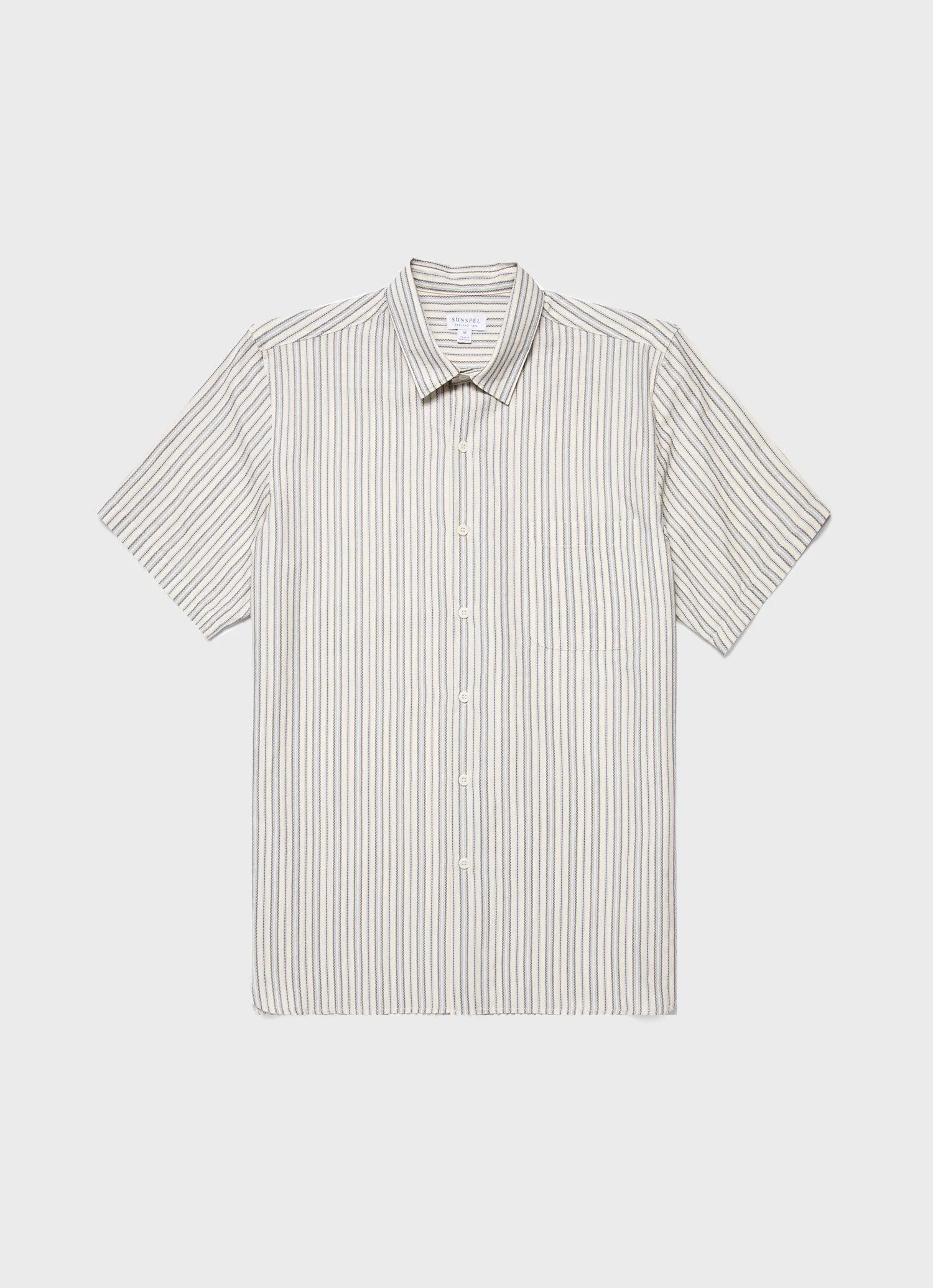Men's Short Sleeve Vintage Stripe Shirt in Soft Denim/Ecru sold by Sunspel