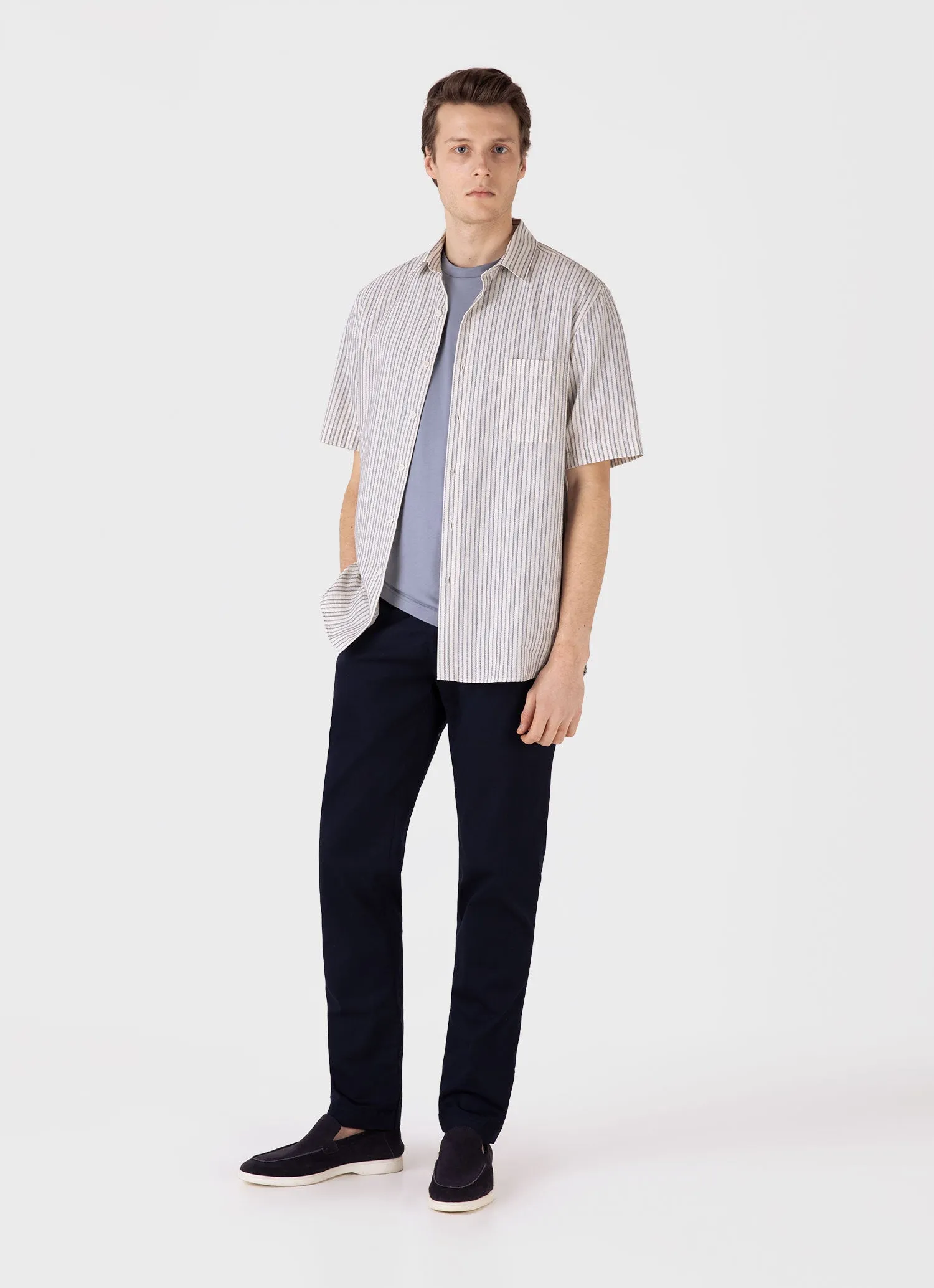 Men's Short Sleeve Vintage Stripe Shirt in Soft Denim/Ecru sold by Sunspel product image thumbnail 3