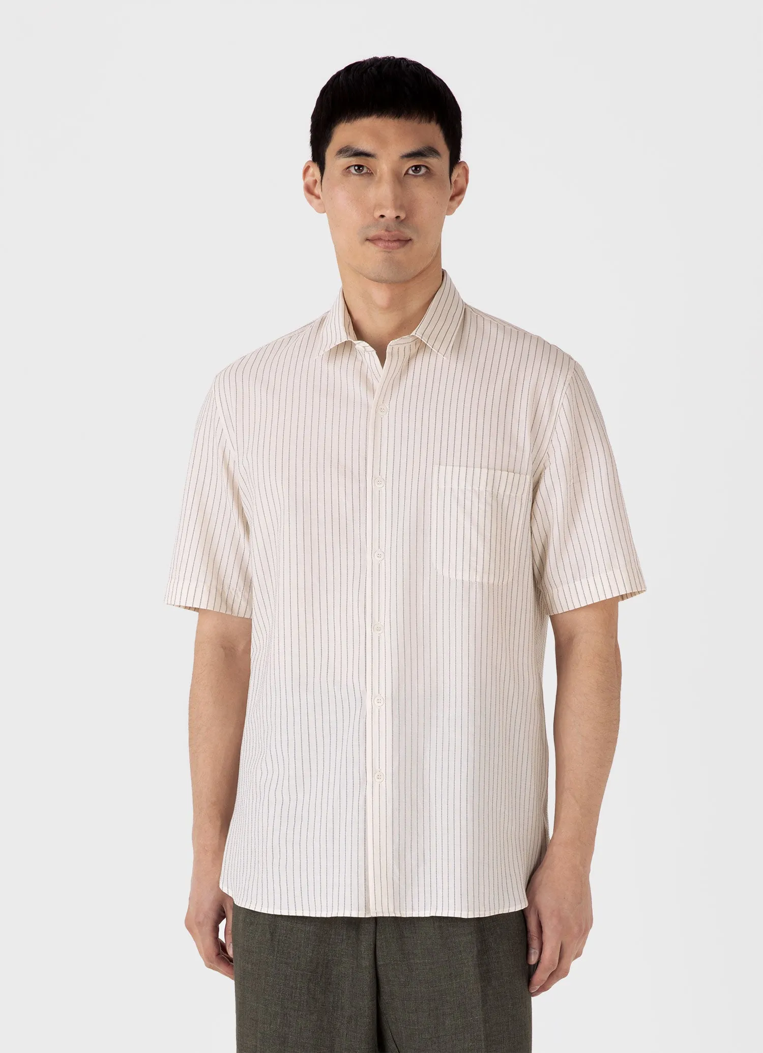 Men's Short Sleeve Vintage Stripe Shirt in Vintage Blue/Ecru sold by Sunspel product image thumbnail 2