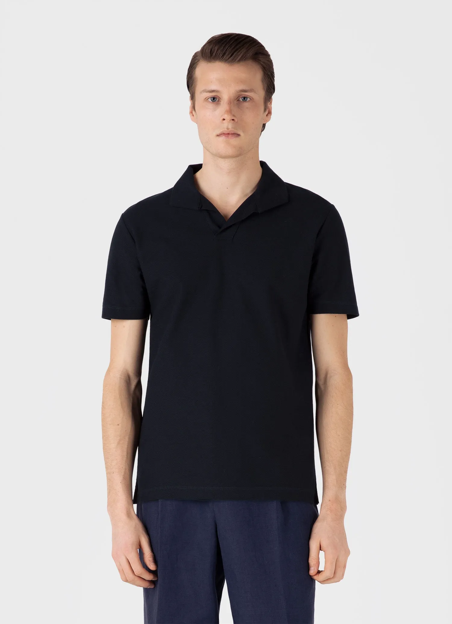 Men's Textured Jersey Polo Shirt in Midnight Navy sold by Sunspel product image thumbnail 2