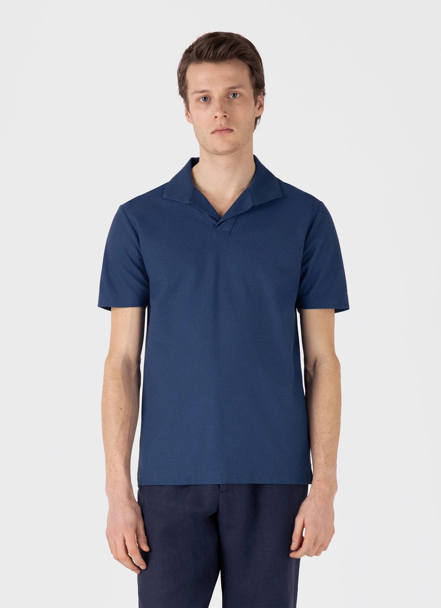 Men's Textured Jersey Polo Shirt in Soft Denim sold by Sunspel product image thumbnail 2